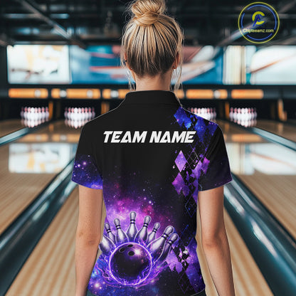 Purple Flame galaxy argyle Custom bowling polo shirts, 1/4 zip for women, team bowling league jerseys NQS11410