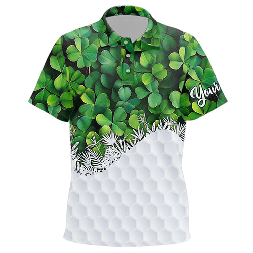 Kid golf polo shirts custom Green clover golf pattern white St Patrick Day golf attire for kid NQS9473
