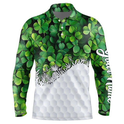 Mens golf polo shirts custom Green clover golf pattern white St Patrick Day golf attire for mens NQS9473