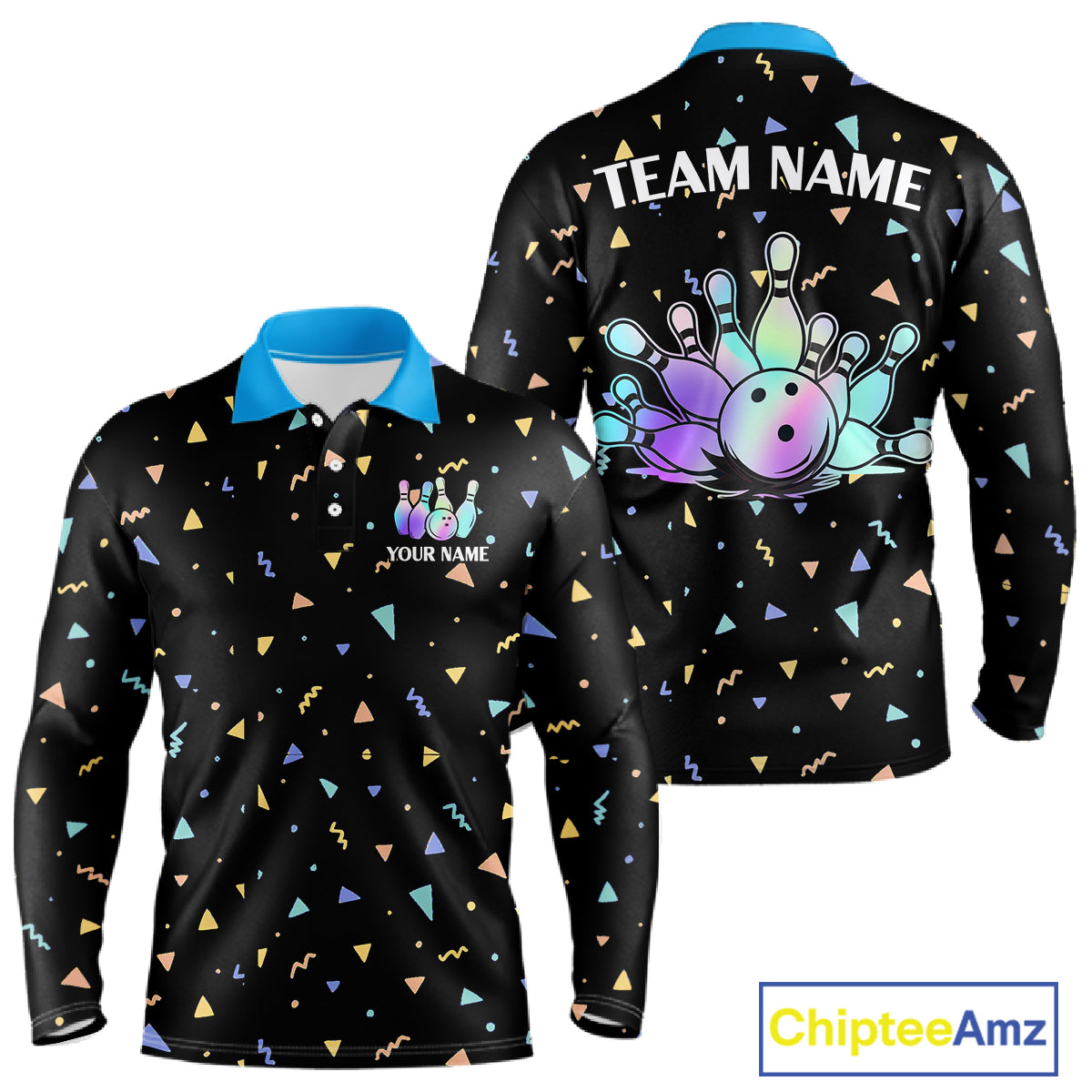 Hologram colors geometric pattern Black Bowling Shirts for Men Custom Team Bowling League Jersey NQS11607