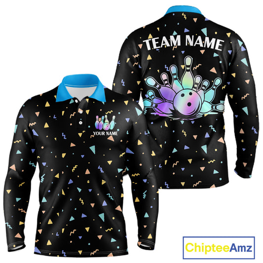 Hologram colors geometric pattern Black Bowling Shirts for Men Custom Team Bowling League Jersey NQS11607