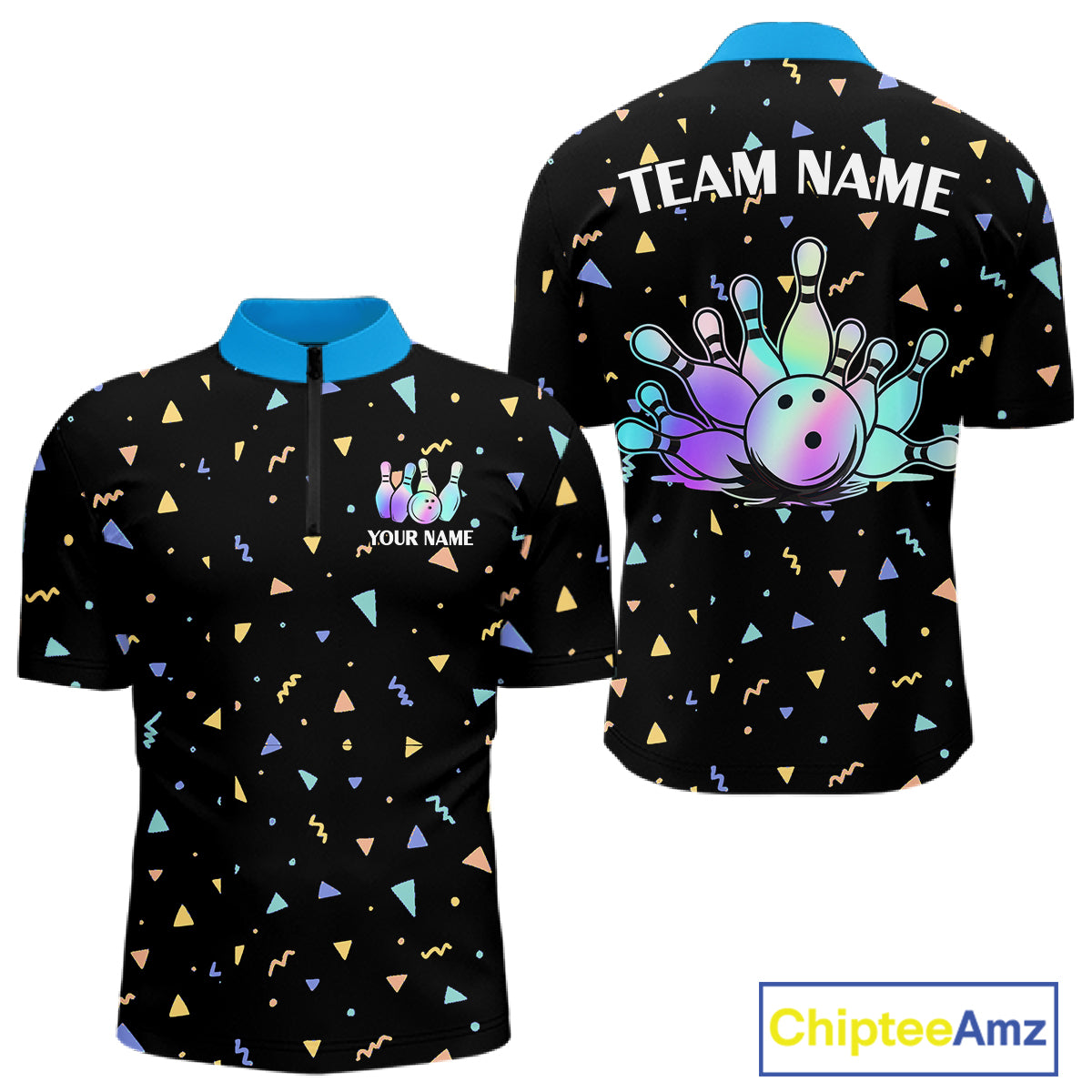 Hologram colors geometric pattern Black Bowling Shirts for Men Custom Team Bowling League Jersey NQS11607