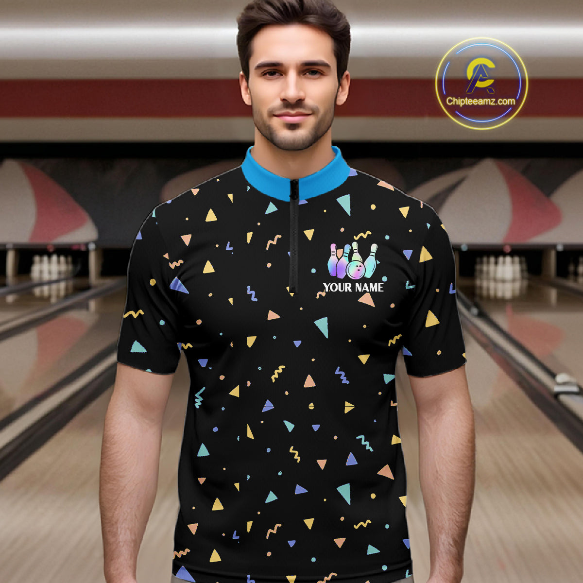 Hologram colors geometric pattern Black Bowling Shirts for Men Custom Team Bowling League Jersey NQS11607