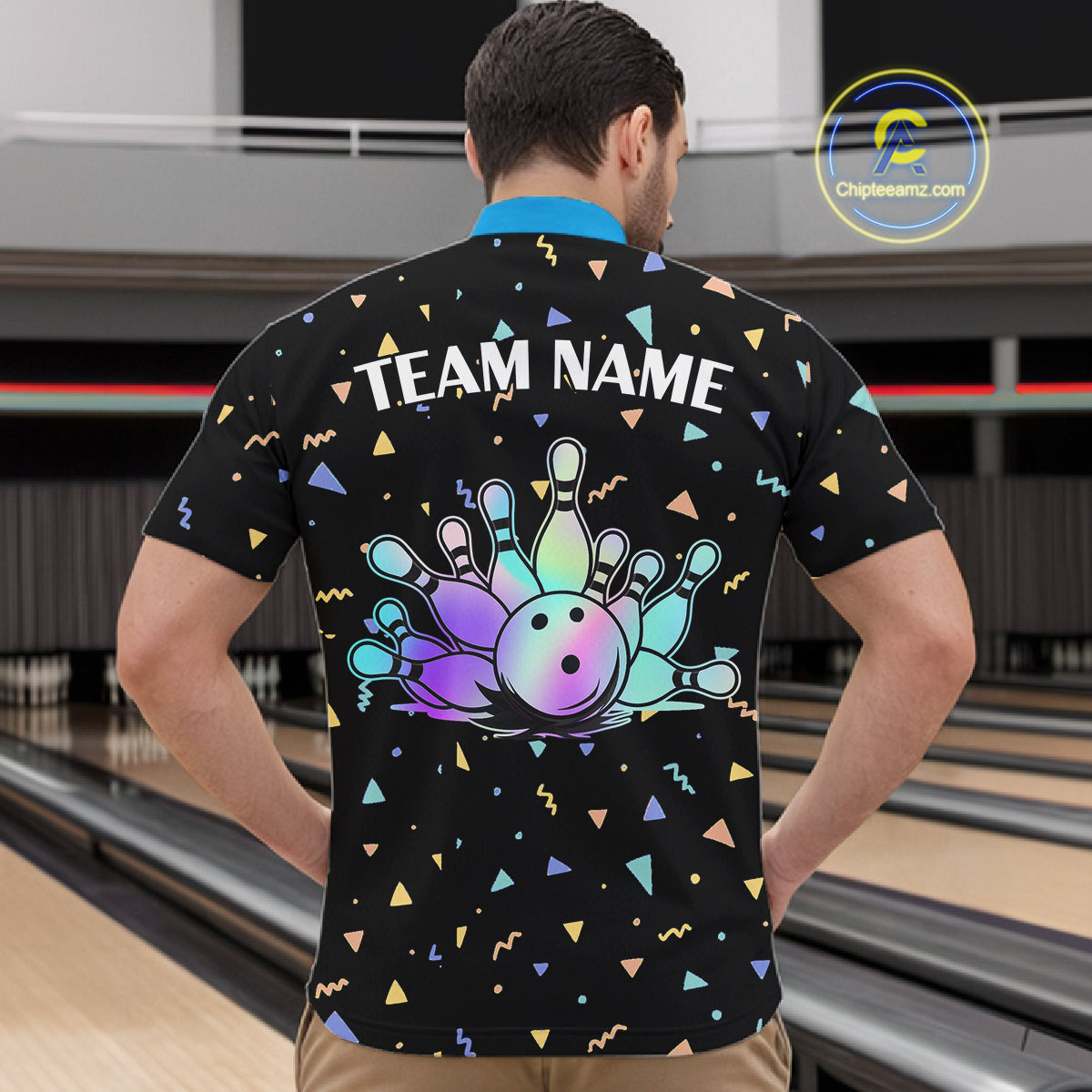 Hologram colors geometric pattern Black Bowling Shirts for Men Custom Team Bowling League Jersey NQS11607