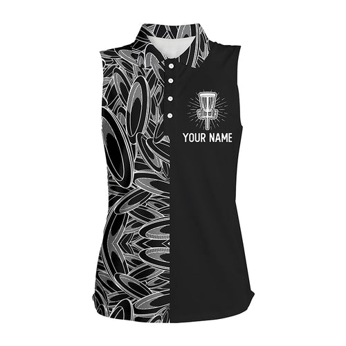 Disc golf pattern basket black Womens sleeveless polo shirt, personalized disc golf gifts for ladies NQS5679