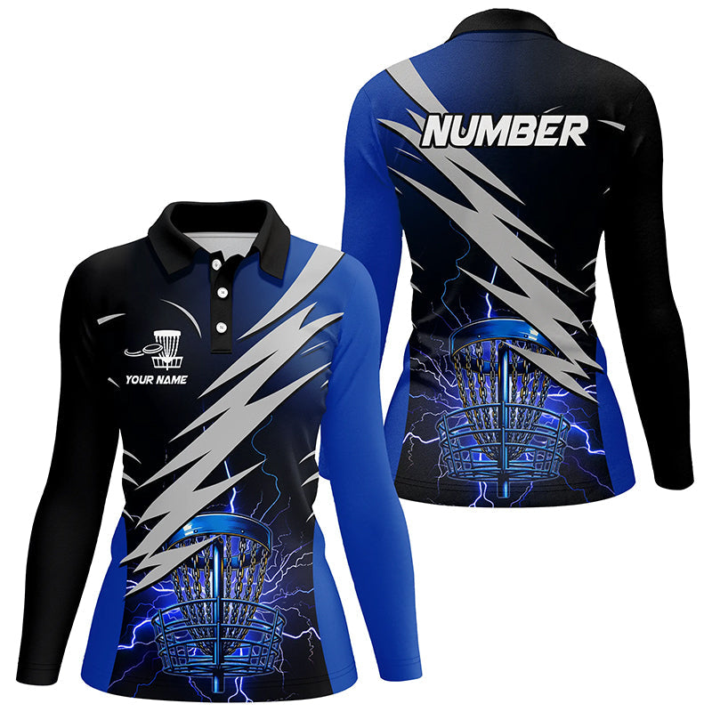Womens disc golf polo shirts custom blue lightning thunder disc golf basket disc golf attire NQS8006