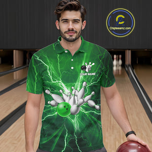 Men's Bowling Shirts Custom Green Lightning Thunder Bowling Team Jersey, gift for team Bowlers NQS10602