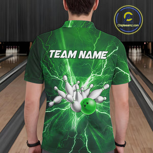 Men's Bowling Shirts Custom Green Lightning Thunder Bowling Team Jersey, gift for team Bowlers NQS10602