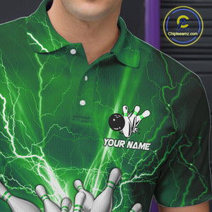 Men's Bowling Shirts Custom Green Lightning Thunder Bowling Team Jersey, gift for team Bowlers NQS10602