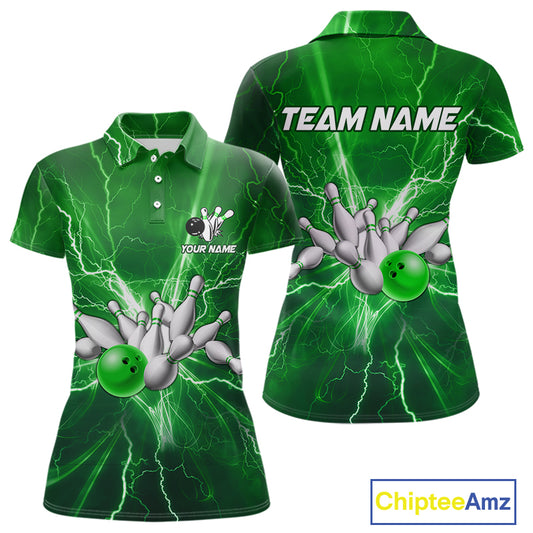 Women's Bowling Shirts Custom Green Lightning Thunder Bowling Team Jersey, gift for team Bowlers NQS10602