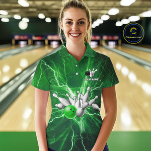 Women's Bowling Shirts Custom Green Lightning Thunder Bowling Team Jersey, gift for team Bowlers NQS10602