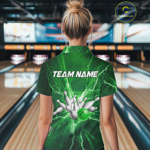 Women's Bowling Shirts Custom Green Lightning Thunder Bowling Team Jersey, gift for team Bowlers NQS10602