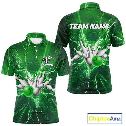 Men's Bowling Shirts Custom Green Lightning Thunder Bowling Team Jersey, gift for team Bowlers NQS10602