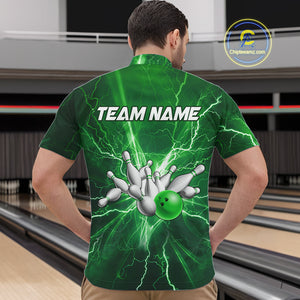 Men's Bowling Shirts Custom Green Lightning Thunder Bowling Team Jersey, gift for team Bowlers NQS10602