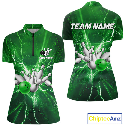 Women's Bowling Shirts Custom Green Lightning Thunder Bowling Team Jersey, gift for team Bowlers NQS10602