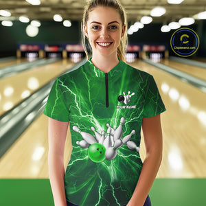 Women's Bowling Shirts Custom Green Lightning Thunder Bowling Team Jersey, gift for team Bowlers NQS10602