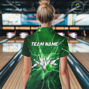 Women's Bowling Shirts Custom Green Lightning Thunder Bowling Team Jersey, gift for team Bowlers NQS10602