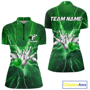 Women's Bowling Shirts Custom Green Lightning Thunder Bowling Team Jersey, gift for team Bowlers NQS10602
