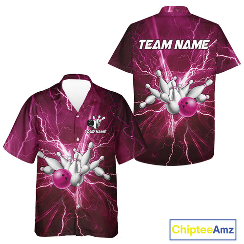 Bowling Hawaiian Shirt Custom Pink Lightning Thunder Bowling Team Jersey, gift for team Bowlers NQS10603