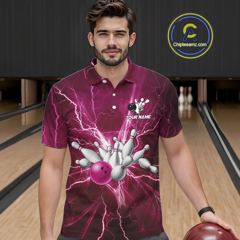 Men's Bowling Shirts Custom Pink Lightning Thunder Bowling Team Jersey, gift for team Bowlers NQS10603