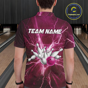 Men's Bowling Shirts Custom Pink Lightning Thunder Bowling Team Jersey, gift for team Bowlers NQS10603