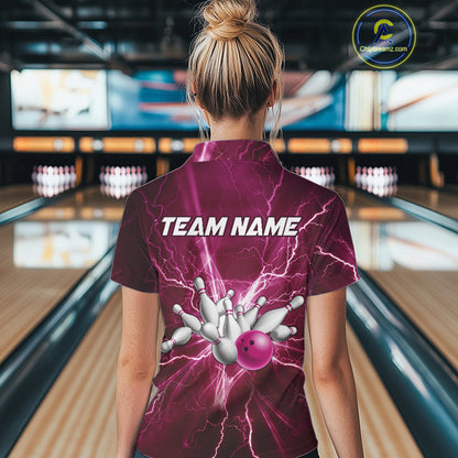 Women's Bowling Shirts Custom Pink Lightning Thunder Bowling Team Jersey, gift for team Bowlers NQS10603