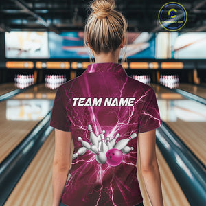 Women's Bowling Shirts Custom Pink Lightning Thunder Bowling Team Jersey, gift for team Bowlers NQS10603