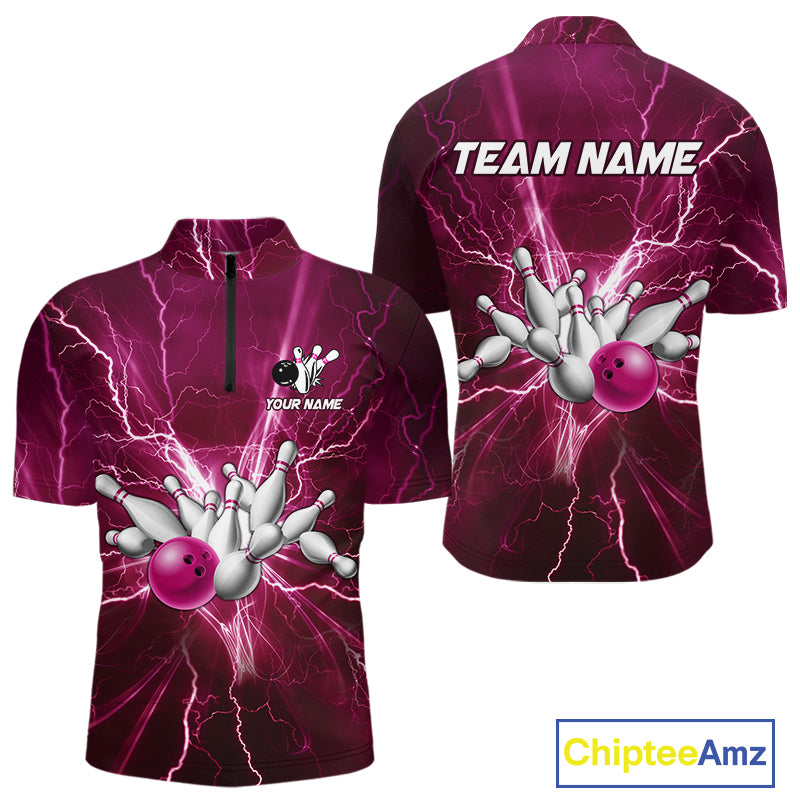 Men's Bowling Shirts Custom Pink Lightning Thunder Bowling Team Jersey, gift for team Bowlers NQS10603