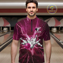 Load image into Gallery viewer, Men&#39;s Bowling Shirts Custom Pink Lightning Thunder Bowling Team Jersey, gift for team Bowlers NQS10603