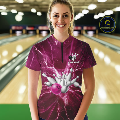 Women's Bowling Shirts Custom Pink Lightning Thunder Bowling Team Jersey, gift for team Bowlers NQS10603