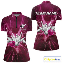 Load image into Gallery viewer, Women&#39;s Bowling Shirts Custom Pink Lightning Thunder Bowling Team Jersey, gift for team Bowlers NQS10603