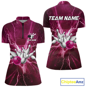 Women's Bowling Shirts Custom Pink Lightning Thunder Bowling Team Jersey, gift for team Bowlers NQS10603