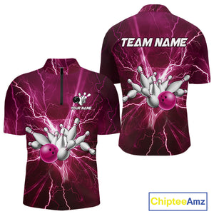 Men's Bowling Shirts Custom Pink Lightning Thunder Bowling Team Jersey, gift for team Bowlers NQS10603