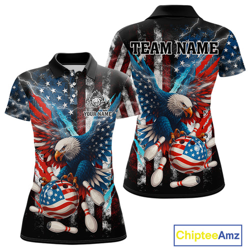 Personalized American Flag Eagle Lightning Thunder Women Bowling Team Shirts, Patriotic Bowling Gift NQS10834