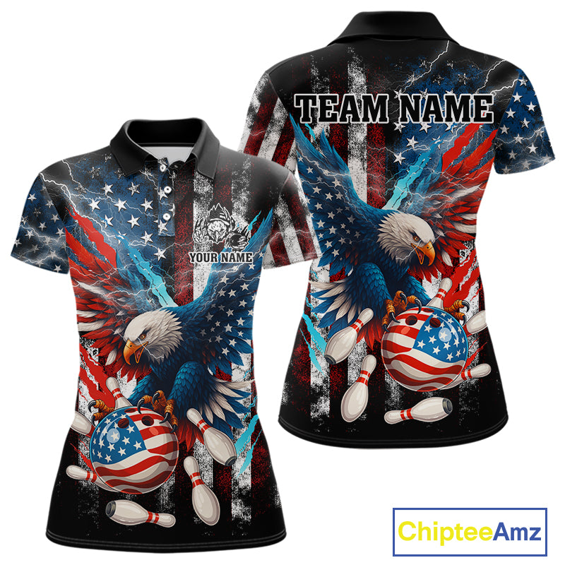 Personalized American Flag Eagle Lightning Thunder Women Bowling Team Shirts, Patriotic Bowling Gift NQS10834