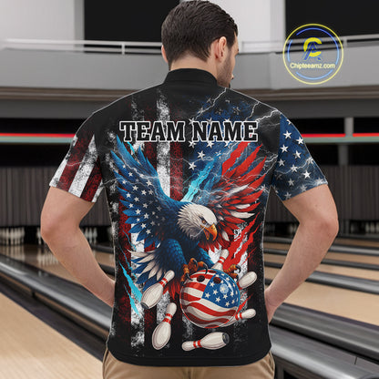 Personalized American Flag Eagle Lightning Thunder Bowling Team Shirt For Men, Patriotic Bowling Gift NQS10834