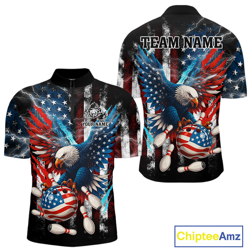 Personalized American Flag Eagle Lightning Thunder Bowling Team Shirt For Men, Patriotic Bowling Gift NQS10834