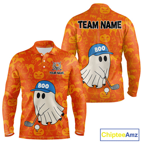 Personalized Funny Halloween Boo Orange Pattern Golf Polo Shirts For Men, Halloween Mens Golf Attire NQS10837