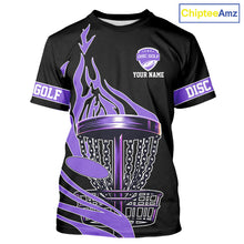 Load image into Gallery viewer, Black and Purple Flame Disc golf T-Shirt Custom disc golf outfit, disc golf gifts NQS10842