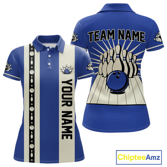 Blue Retro Bowling Polo, Quarter Zip Shirts For Women Custom Vintage Bowling Team Jerseys NQS11212