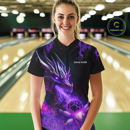 Black and Purple Flame Dragon Bowling Polo, 1/4 Zip Shirts Women Custom Dragon Bowling Team Jerseys NQS11211