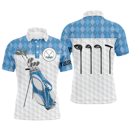 Golf bag clubs custom polo golf shirt for men, blue argyle pattern mens golf tops NQS4652