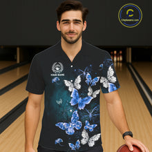 Load image into Gallery viewer, Custom Blue Butterfly Bowling Button-up Shirt, Bowling Team Shirt With Butterflies NQS11612