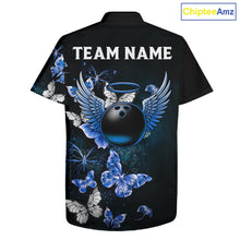 Load image into Gallery viewer, Custom Blue Butterfly Bowling Button-up Shirt, Bowling Team Shirt With Butterflies NQS11612