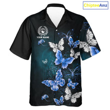 Load image into Gallery viewer, Custom Blue Butterfly Bowling Button-up Shirt, Bowling Team Shirt With Butterflies NQS11612