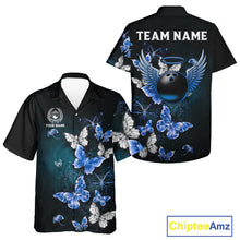 Load image into Gallery viewer, Custom Blue Butterfly Bowling Button-up Shirt, Bowling Team Shirt With Butterflies NQS11612