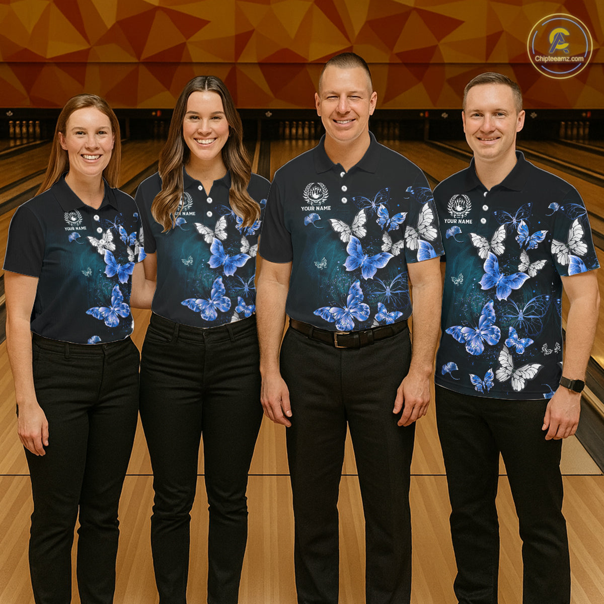 Custom Blue Butterfly Bowling 1/4 zip, Polo Shirt For Women, Bowling Team Shirt With Butterflies NQS11612