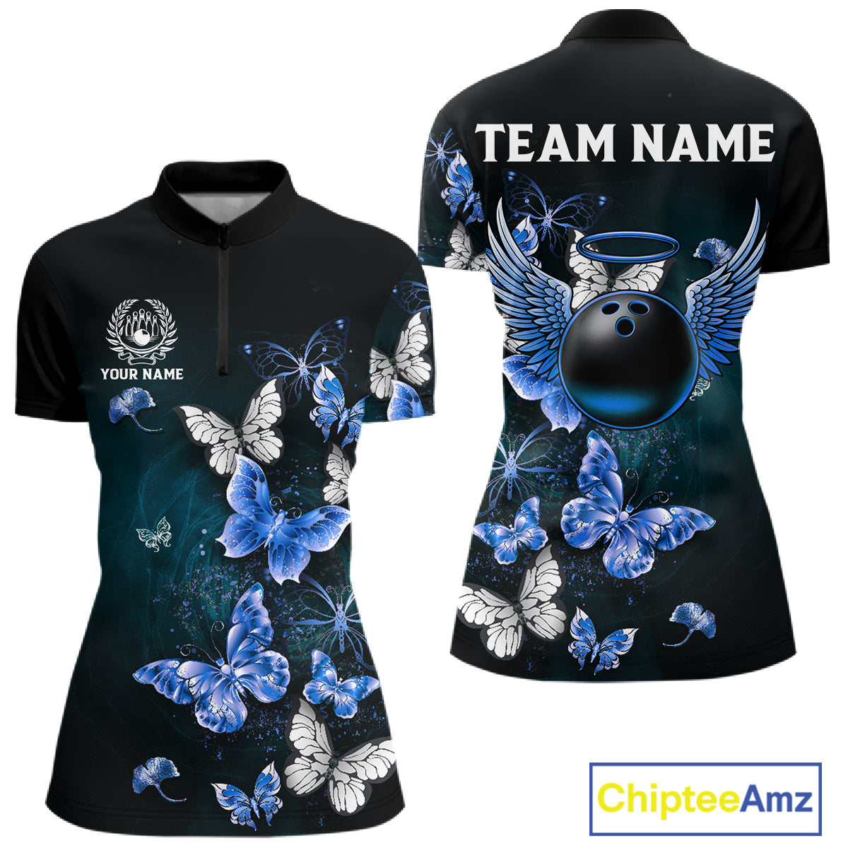 Custom Blue Butterfly Bowling 1/4 zip, Polo Shirt For Women, Bowling Team Shirt With Butterflies NQS11612