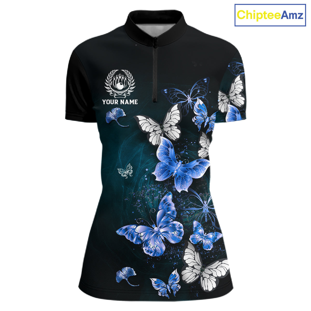 Custom Blue Butterfly Bowling 1/4 zip, Polo Shirt For Women, Bowling Team Shirt With Butterflies NQS11612