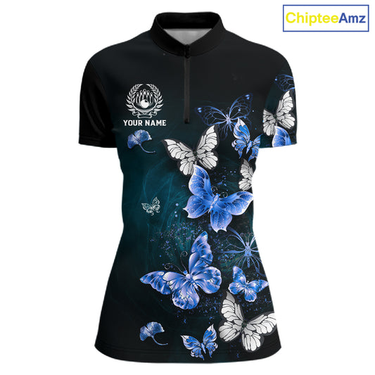 Custom Blue Butterfly Bowling 1/4 zip, Polo Shirt For Women, Bowling Team Shirt With Butterflies NQS11612